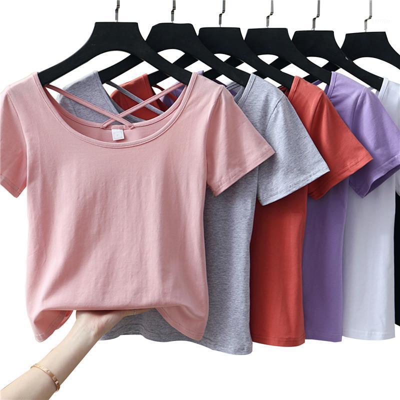 

Women's T-Shirt White Pure Cotton Short-sleeved Summer Solid Color Slim Big Neckline Low-neck U-neck Halter Top, We