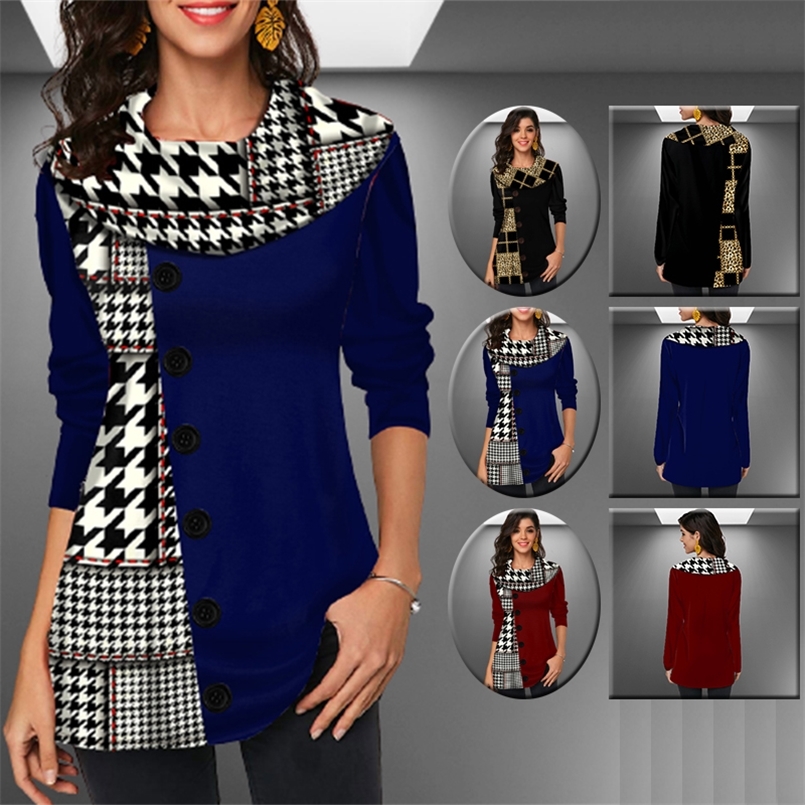 

Spring Patchwork Printing Button Vintage T shirt Female Clothing Long Sleeve Fashion Tops Women s Tunics Oversized T shirts 5XL 220728, Black