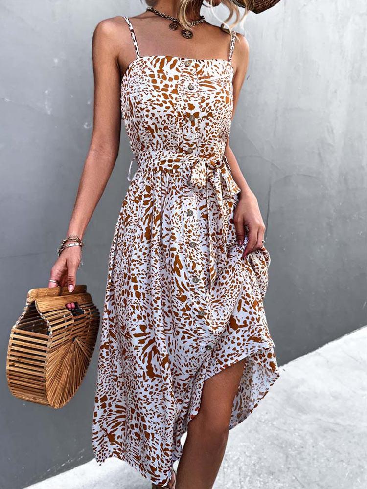 

Casual Dresses Summer Floral Print Dress Women Backless Long Party Ladies Button Elegant A Line Spaghetti Strap Boho For 2022Casual, Black