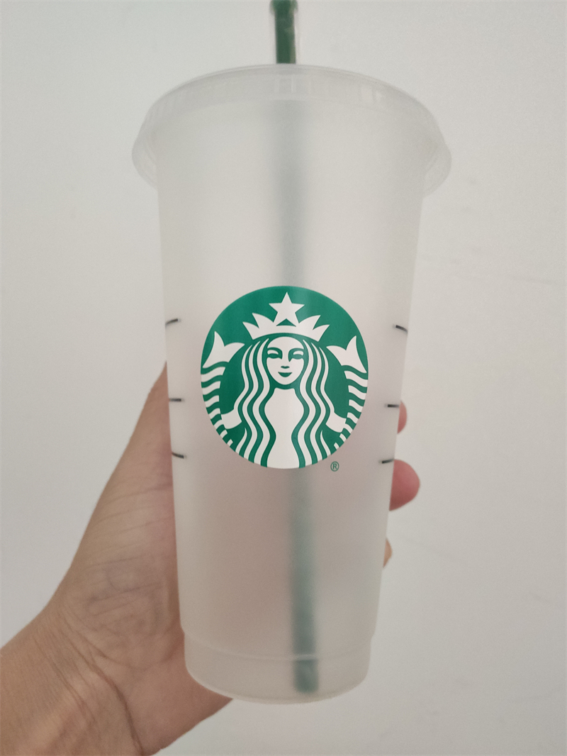 

Starbucks 24OZ/710ml Plastic mug Reusable Clear Drinking Flat Bottom Cup Pillar Shape Lid Straw Mug Bardian DHL, Multi-color