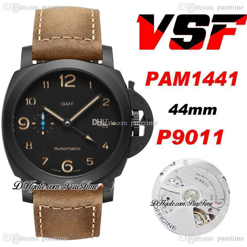 

VSF V2 44mm GMT VS1441 P.9011 P9011 Automatic Mens Watch Ceramic Case Black Dial Yellow Blue Markers Brown Asso Strap Super Edition PTPM Puretime