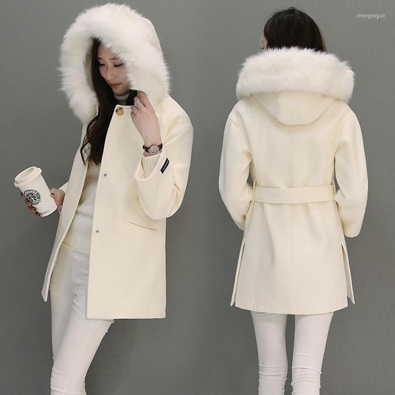 

Women's Wool & Blends Fashion Winter 2022 Slim Women White Korean Coat Hooded Fake Jacket Plus Size Long Trench Female Overcoats, Beige white