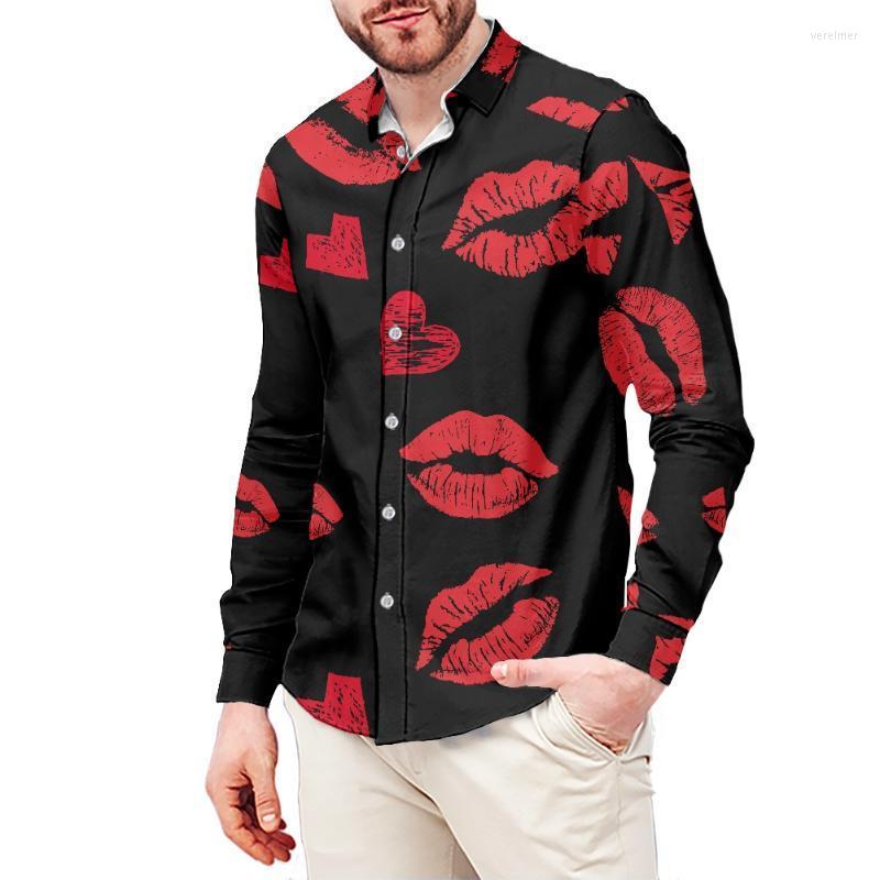 

Men's Dress Shirts Sexy Red Mouth Lip Kiss Printed Men Shirt Fall Long Sleeve Super Slim Fit Black ShirtsMen's Vere22, Ysfa1800f70