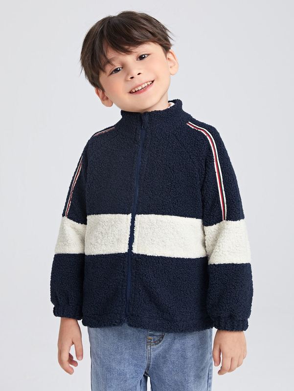 

Toddler Boys Two Tone Raglan Sleeve Striped Tape Teddy Jacket SHE, Navy blue