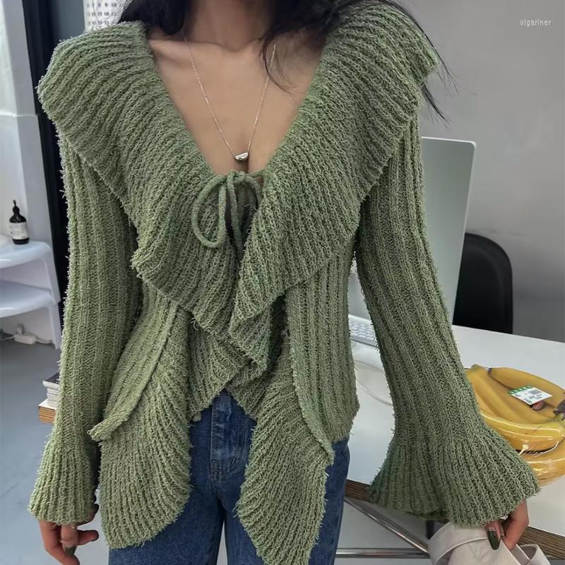 

Women' Knits & Tees Women' Fashion Charming Sexy Big Wave Lapel Knitted Lace-up Cardigan Sweater Retro Bell Sleeves Chic Coat TopWomen, Knitted top