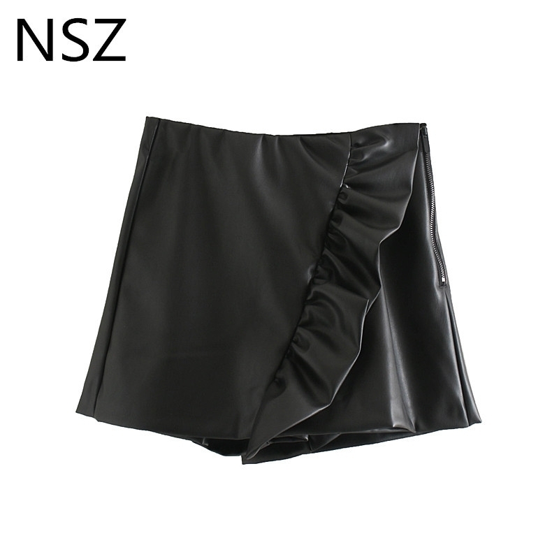 

NSZ women black PU leather shorts high waist elegant ruffles skirt shorts fall winter culote de cuero Y200403