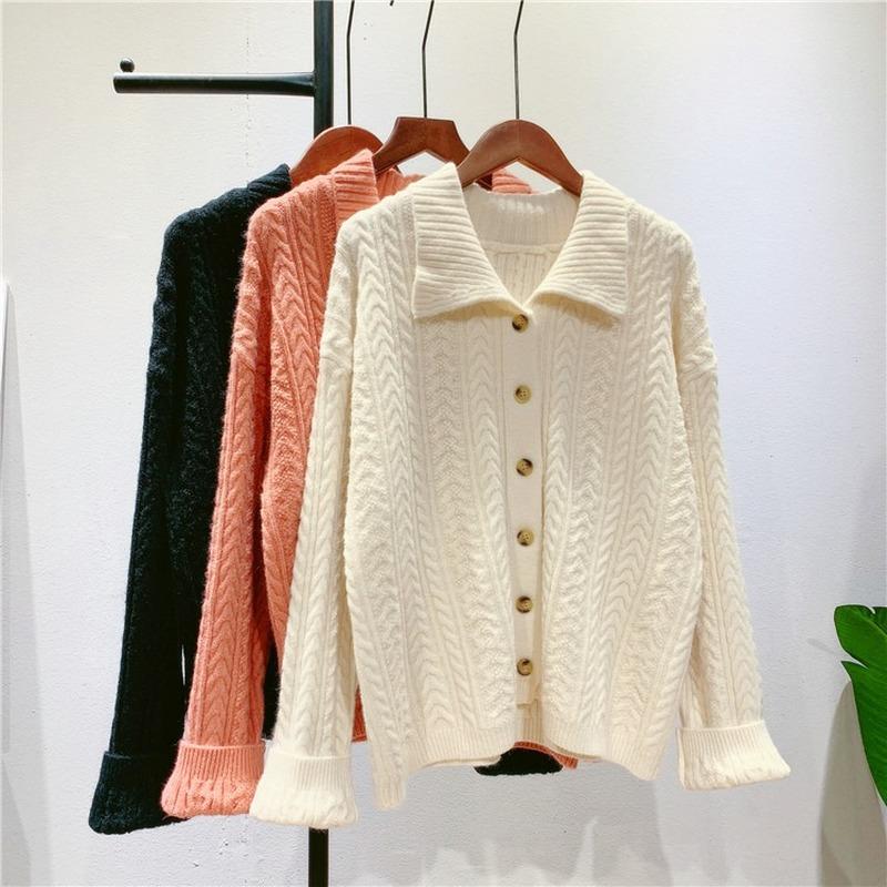

Women's Knits & Tees Vintage Twist Knitted Cardigan Women Lapel Single Breasted Sweater Jacket Female Spring Autumn Outwear Korean Black Top