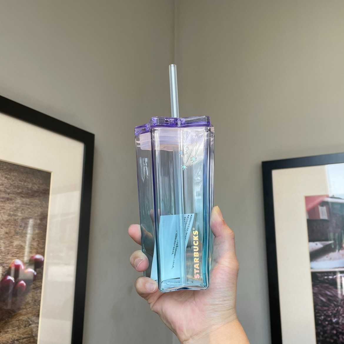 

2021 Starbucks cup summer Pentagram gradient purple sky glass straw cup water cup 385ML, Yellow