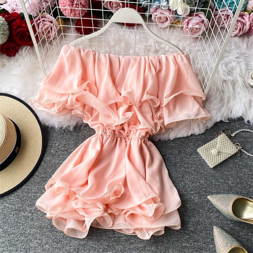 

DEAT Summer Fashion Short Sleeve Solid Loose Lotus Leaf Collar Shoulder-exposed Chiffon Slim Shirt Top Women SD674 210709, Black