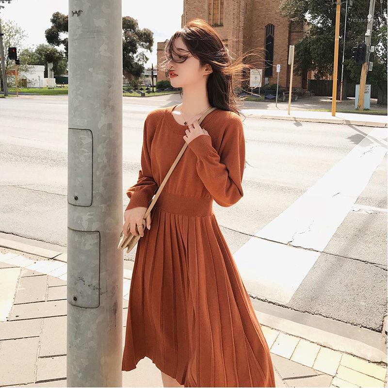

Casual Dresses Fall Winter Sweater Dress Simple Ladies Long Sleeve O Neck A Line Slim Knit Midi Fashion Party Black Orange Vestido, 612 or