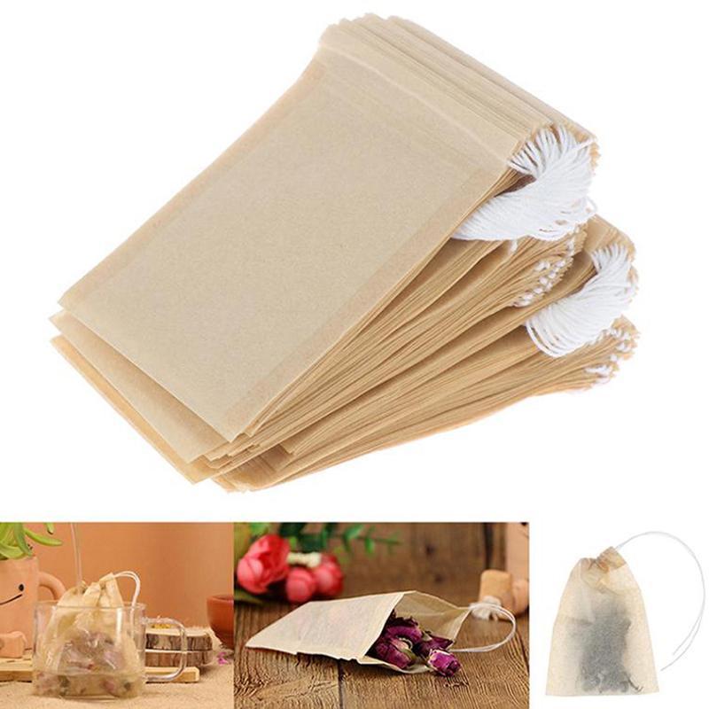 

100 Pcs/Lot Tea Filter Bag Strainers Tools Natural Unbleached Wood Pulp Paper Disposable Infuser Empty Bags with Drawstring Pouch