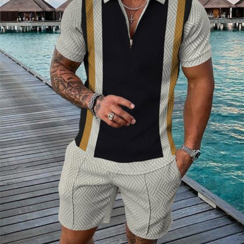 

European And American Men  Summer Polo Shirt Suit Street Fashion Zipper Short Sleeved T Shirt Shorts Two Piece Set 220705, Photo color