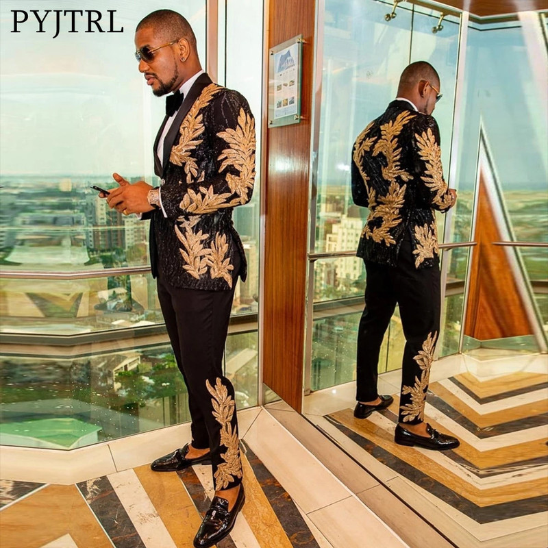 

PYJTRL Men Black Suits Embroidery Gold Shiny Sequins Two Pieces Peaked Lapel Cool Blazers Wedding Tuxedos Gold Men Jacket Pants 220407