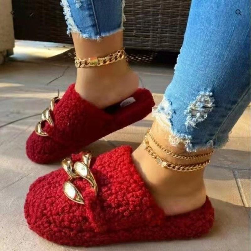 

Slippers Low Heels Casual Slides Brand Design Gold Chain Women Slipper Closed Toe Slip On Mules Shoes Round Flip Flops Plus Size, Red