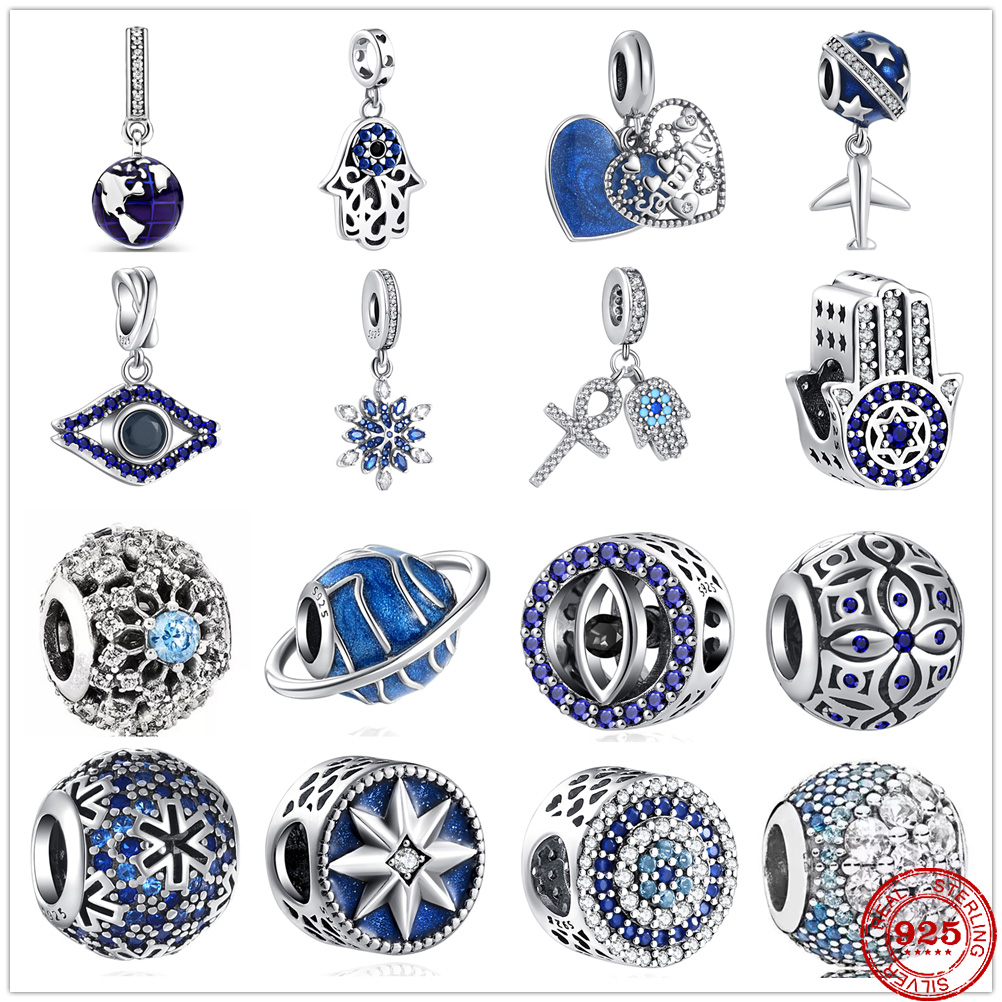 925 Sterling Silver Dangle Charm New Blue Zirconia Earth Airplane Snowflake Pendant Beads Bead Fit Pandora Charms Bracelet DIY Jewelry Accessorie
