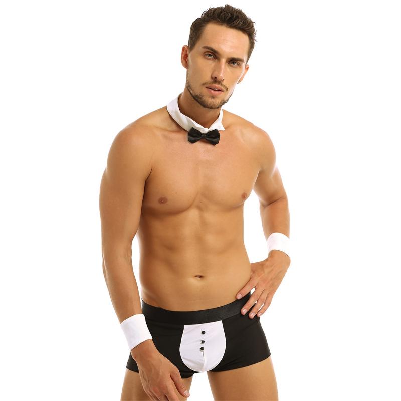

Underpants Sexy Men Waiter Lingerie Set Clubwear T-Back Tuxedo Costume String Homme G-string Thong Jockstraps Underwear With Bow Tie CollarU, Black white
