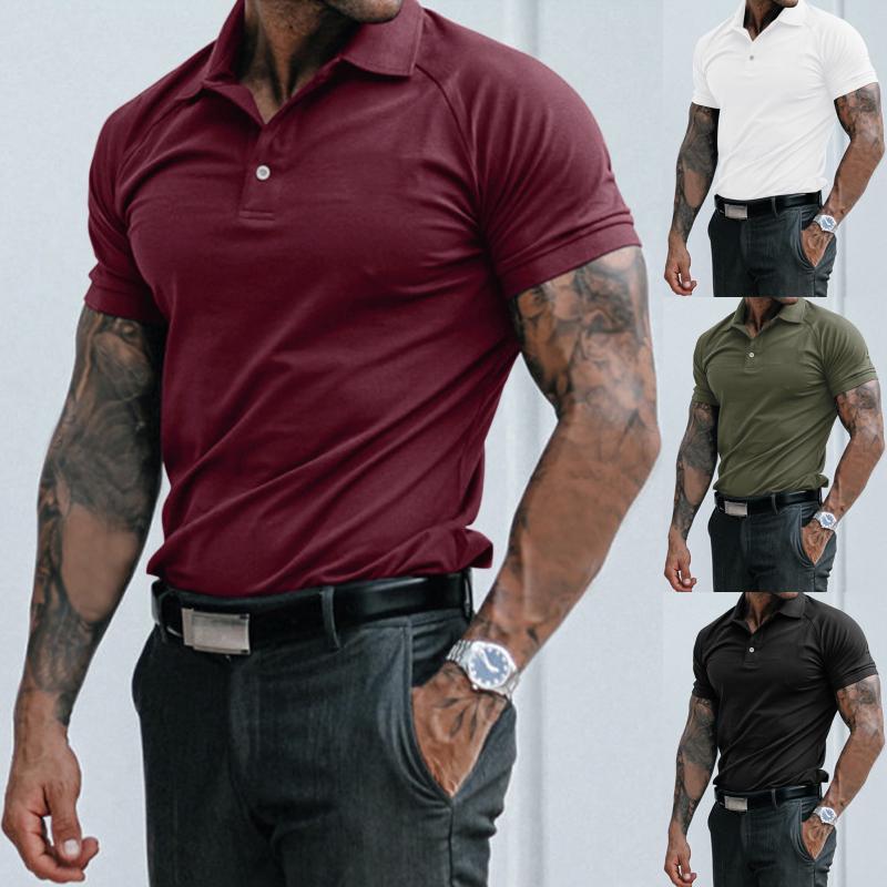 

Men's Polos Male Summer Solid Print T Shirt Turn Down Collar Raglan Sleeve Tops ShirtMen's, Black