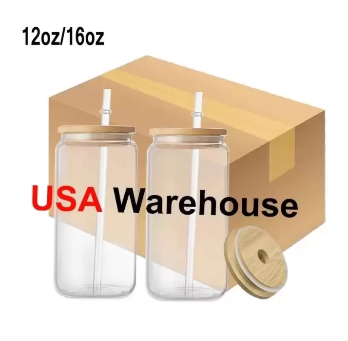 

US Warehouse 2 Days Delivery 12oz 16oz Sublimation Glass Can Tumbler Frosted Cola Can Bamboo Lid Beer Cocktail Cup Whiskey Coffee Mug Iced Tea Jar, 16oz with bamboo lid and straw