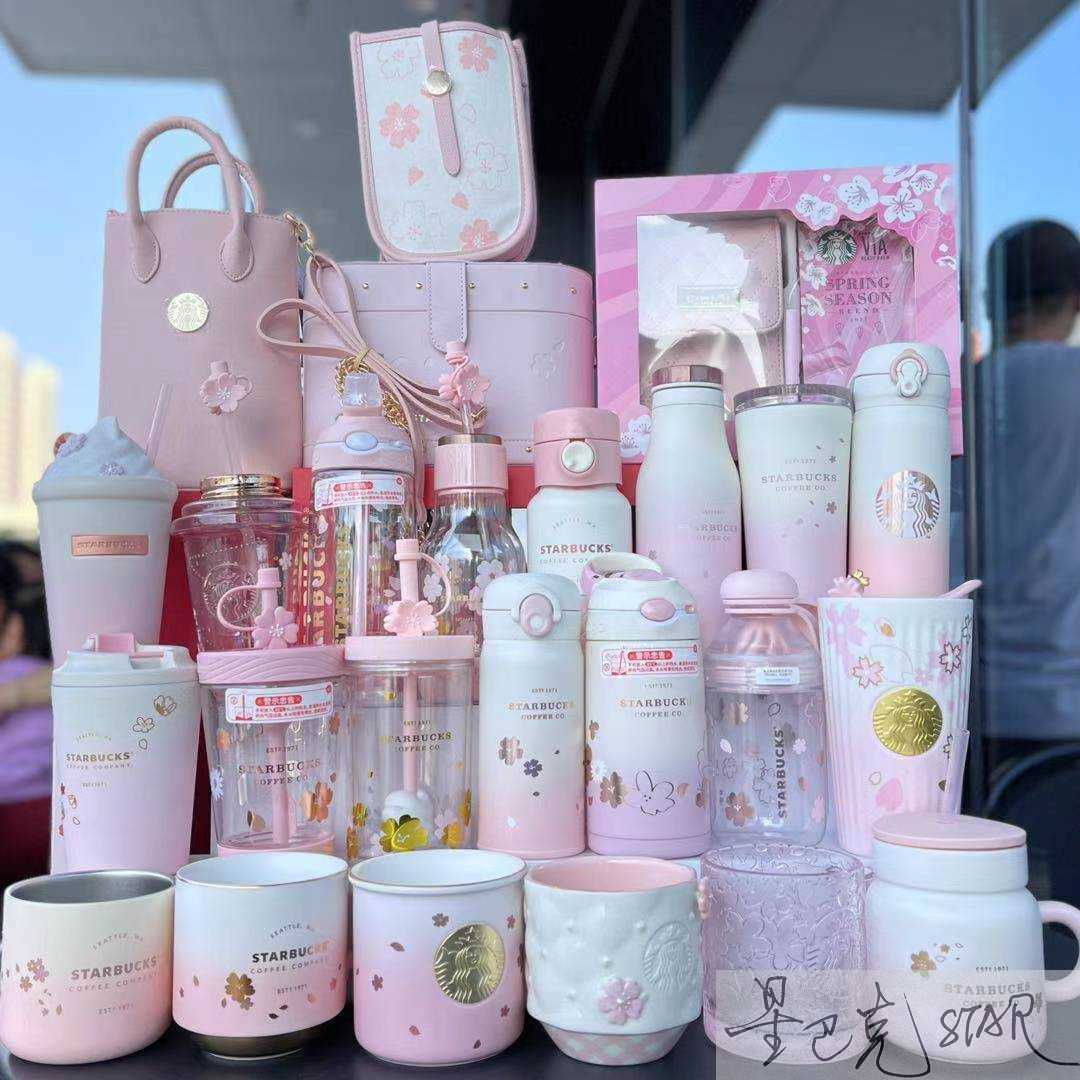 

Starbucks cup cherry blossom season powder platinum cat claw pearl mark glass straw accompanying thermos bag, Yellow
