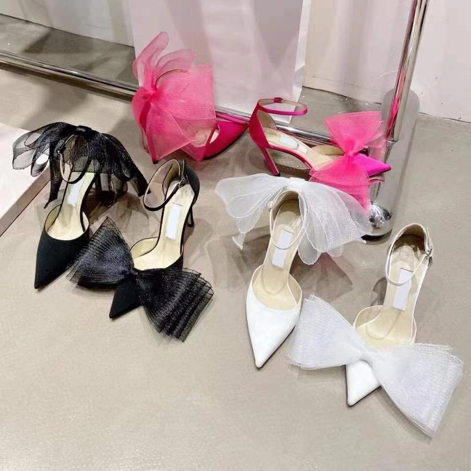 

Luxury designer high-heeled sandals Genuine Leather White Black rose pink vamp heel cross big bow fluorescent vamp pointed toe strap shoe box size 35-42, #1