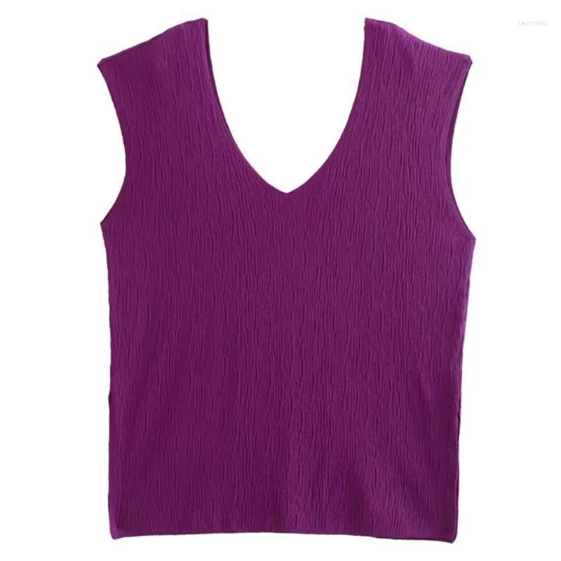 

Women' T-Shirt Dave&Di 2022 Texture Knitted Purple Color Solid V-neck Casual Tshirts Women Tops England Style Fashion TshirtsWomen
