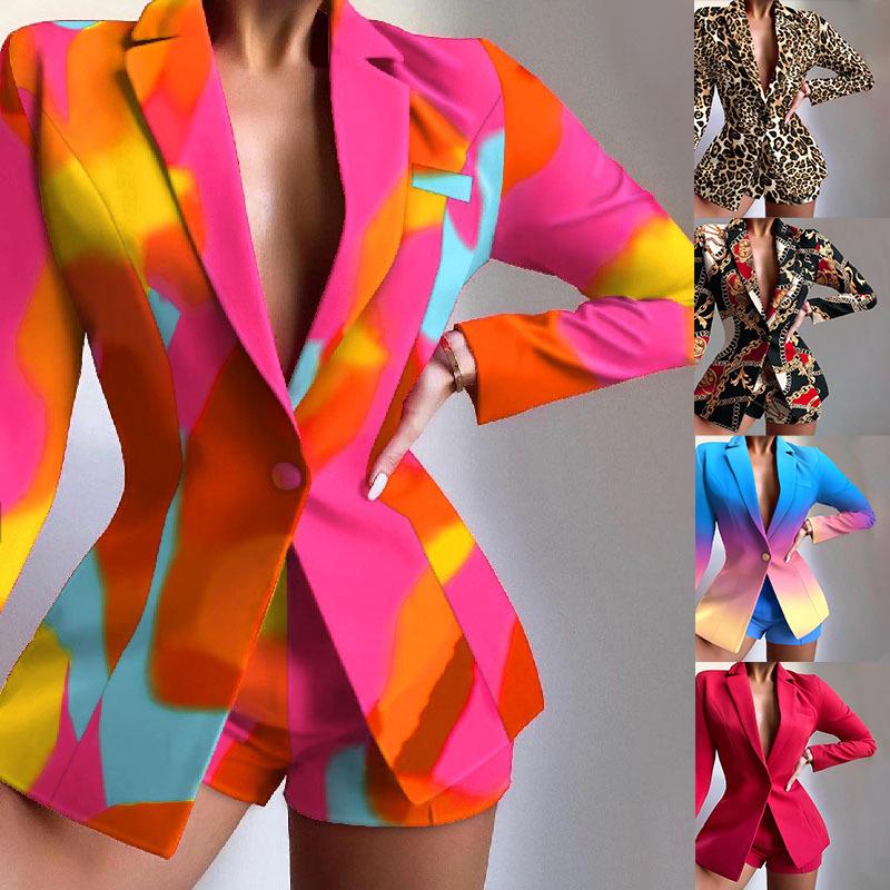 

Women's Tracksuits Ladies Elegant Office Suit Floral Print Long Sleeve Slim Jacket And Shorts Sets Work 2 Piece OutfitWomen's, Leopard