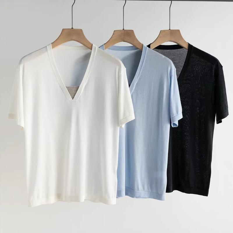 

Women' T-Shirt Bc 2022 Summer' Classic V-Neck Breathable And Comfortable Silk Wool Short Sleeve Thin T-ShirtWomen, Black