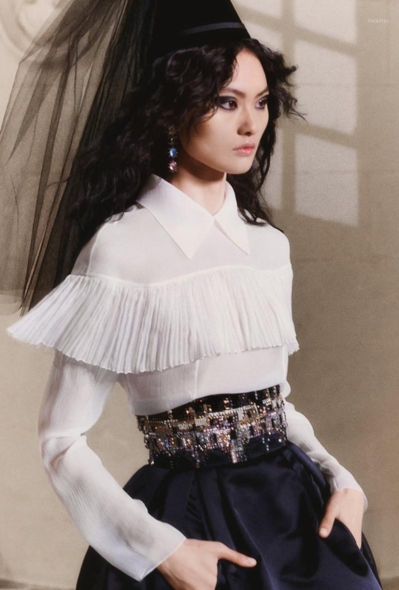 

Women' Blouses & Shirts 2022 Autumn Luxury Women Sheer Silk Ruffles Long Sleeve White Shirt Blouse For Ladies Tops Ddxgz2v 6.29, Black