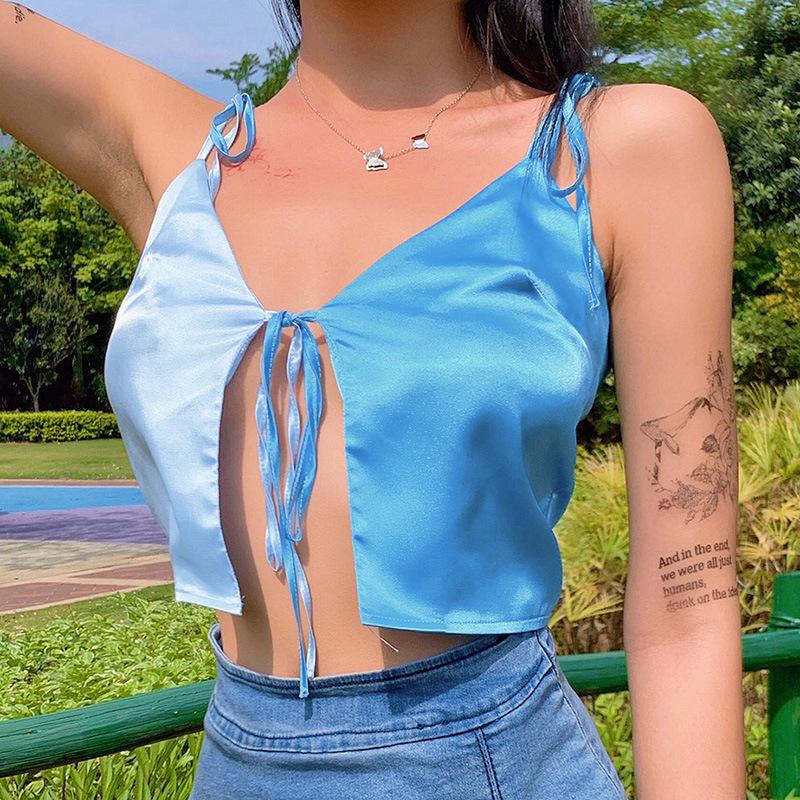 

Women' Tanks & Camis Casual Bandage Patchwork Sling Top Summer Clothes For Women Sexy Blue Crop Tops Fashion Satin V-neck Sleeveless Short