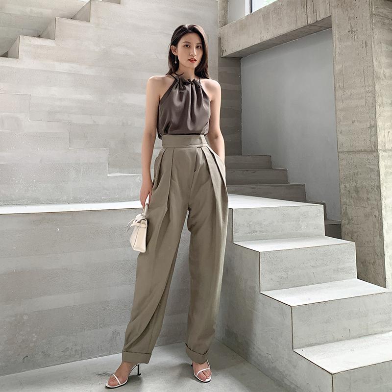 

Women' Pants & Capris Casual Women 2022 Summer Autumn Fashion Female Loose Straight Slacks Ladies Chain Long Trousers, Khaki