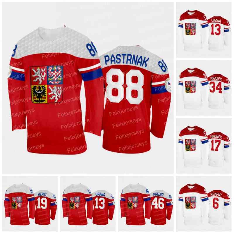 

Republic Team 2022 Czech Hockey Jersey 88 David Pastrnak 46 David Krejci 13 Jakub Vrana 19 Tomas Hertl 17 Filip Hronek 34 Petr Mrazek 6, White youth s-xl