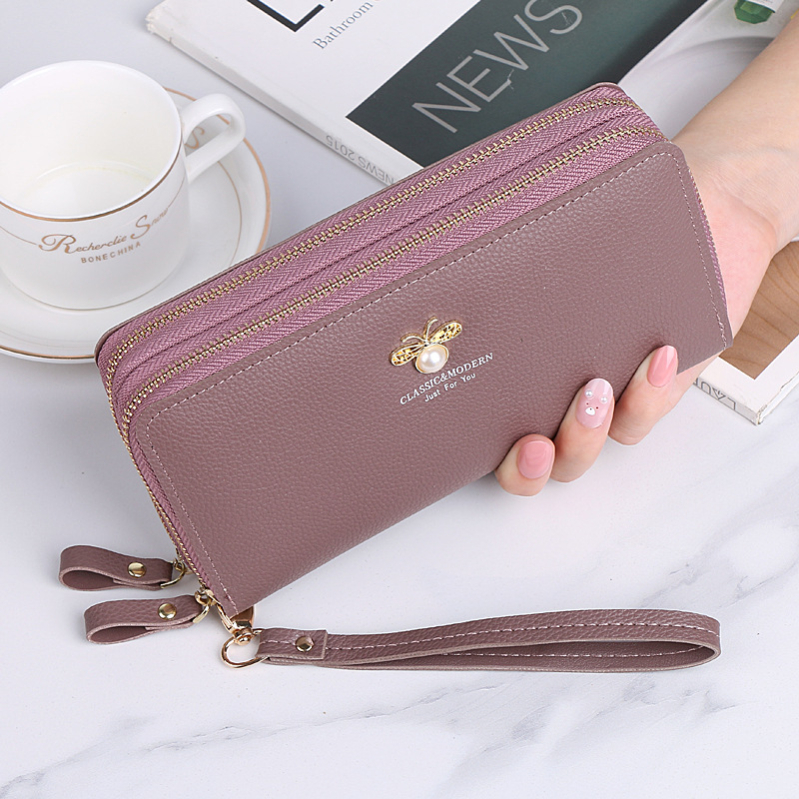 

Fashion Double Zip Wallet Women's Long Clutch Small cute Bee Pearl Coin Purse Double-Layer Large Capacity Mobile Phone Bags, As pic
