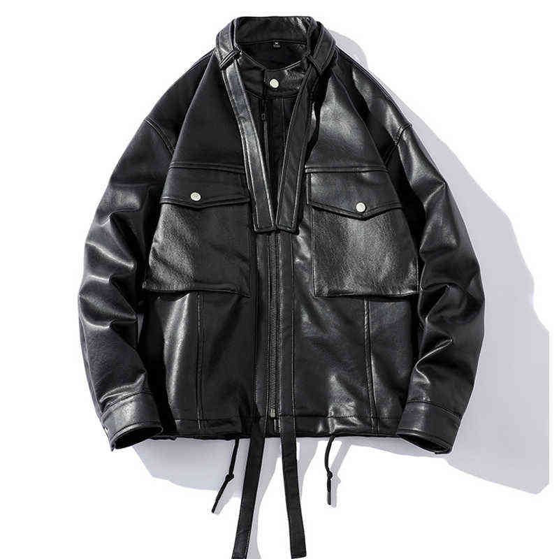 

Zipper Men Leather Jacket New Autumn Streetwear Ribbon Solid Big Pocket Jacket Coat Hip Hop Men Clothing PU Leather Jacket T220728, Black