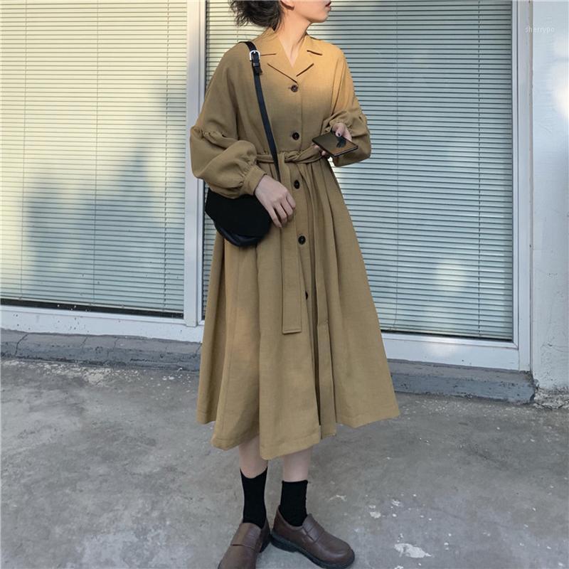

Women's Trench Coats Japan Style Ol Elegant Solid Coat Belt Slim Lantern Sleeve Patchwork Windbreaker Female Fall Chic Casual Outwears, Khaki