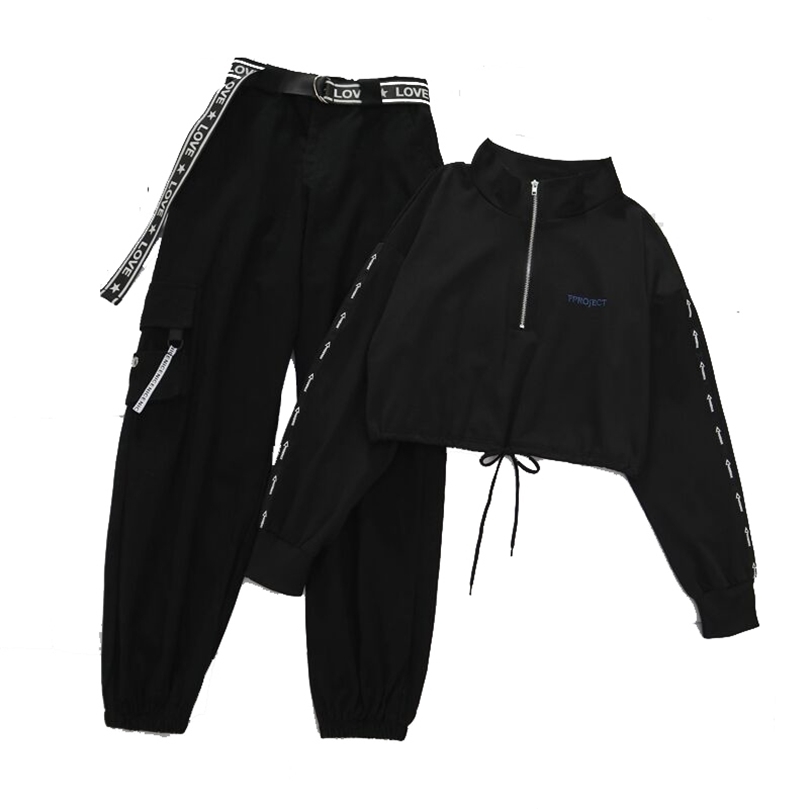 

Belt Zipper Female Cargo Pants Hip-Hop Casual Two-piece Streetwear Black 2 Piece Set Harajuku Loose BF Harem Pants 201228, Long sleeve