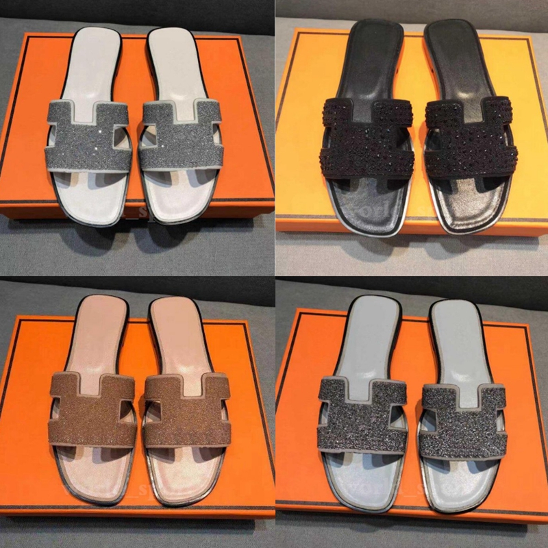 

SPARKLE!! Oran Slide France Brand designer slippers sandal women lady Summer Genuine Leather Shoes Outdoor Flip Flops Suede Exquisite Ladies Party with box dust bag, With tag