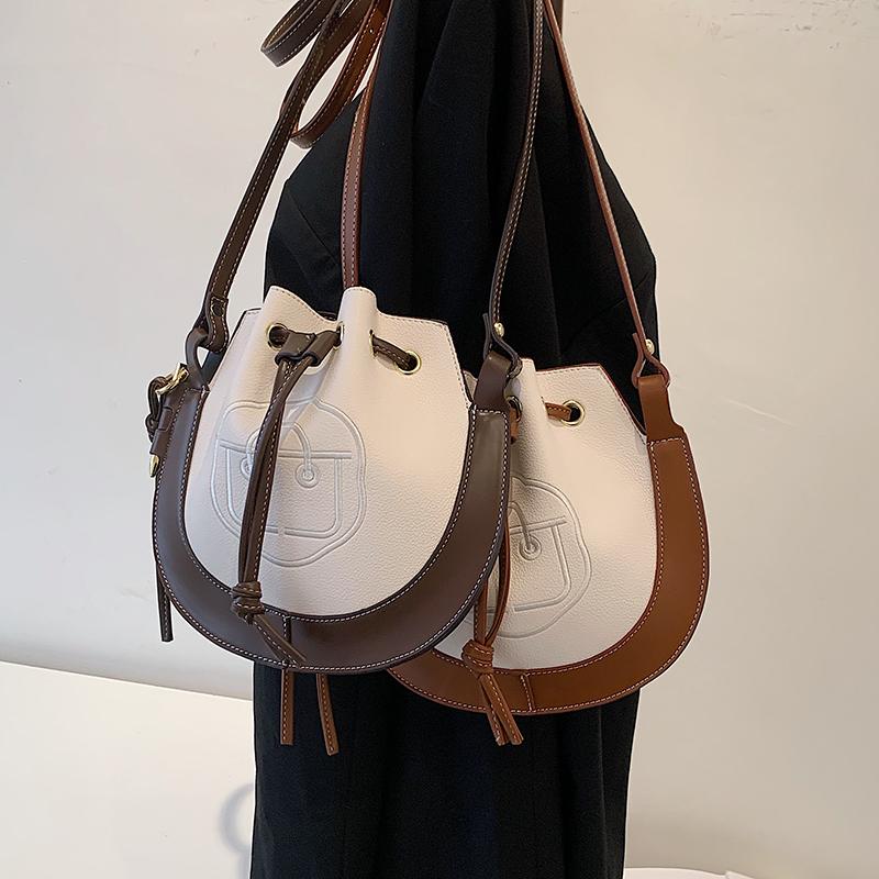 

Shoulder Bags Style Drawstring Contrast Soft Leather Retro Bag Female Texture Western Bucket Messenger BagShoulder, Coffee