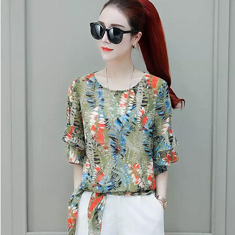 

Women's Blouses & Shirts Bohemian Style Women Summer Chiffon Lady Casual Short Flare Sleeve O-Neck Blusas Tops DF2853, Green