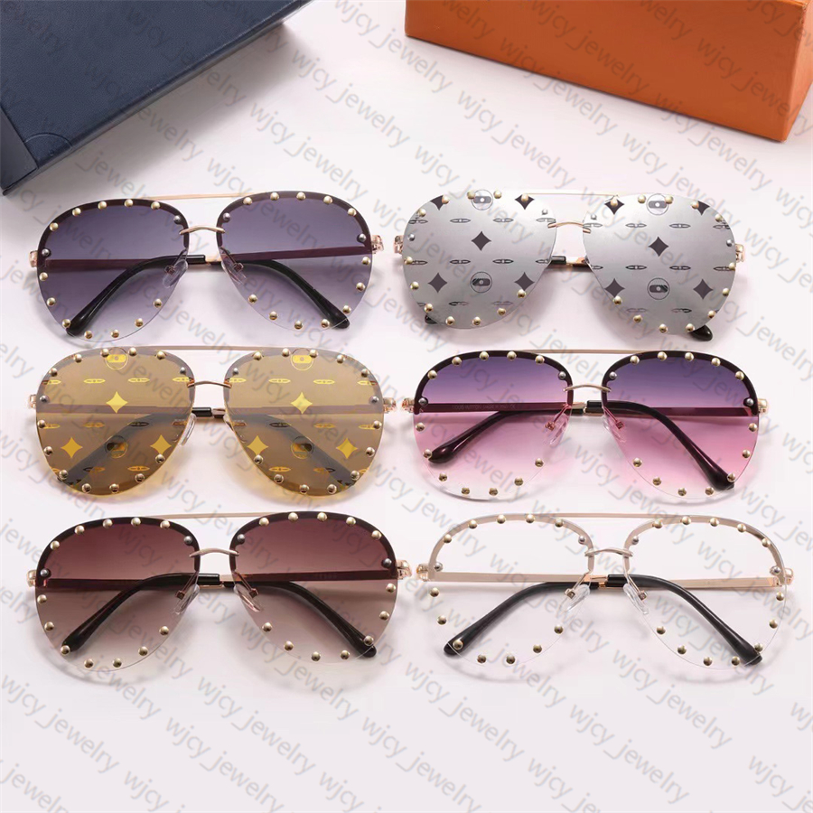 

Sunglasses Sunglasses Elegant Designer Rimless Polarized Glasses Rivets Letter Design for Man Woman 6 Option High Quality