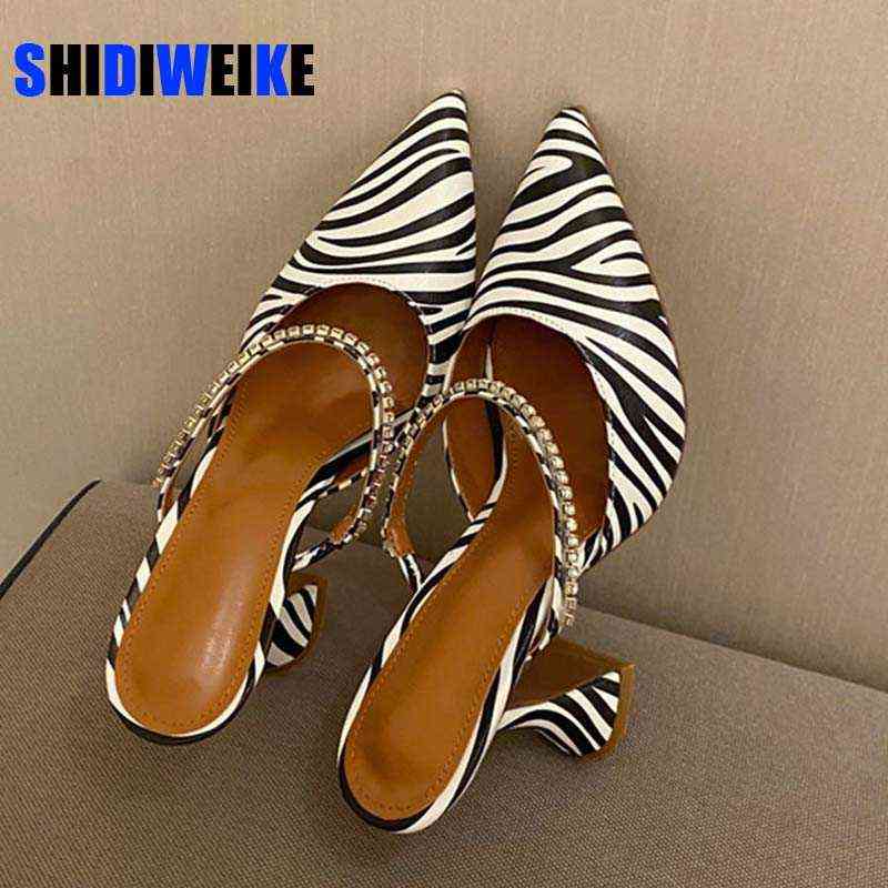 9cm Fashion Zebra Pointed Toes Mules Sandals Women Spring Summer Sexy High Heels Slippers White Black Pumps Party Dress Shoes 220519