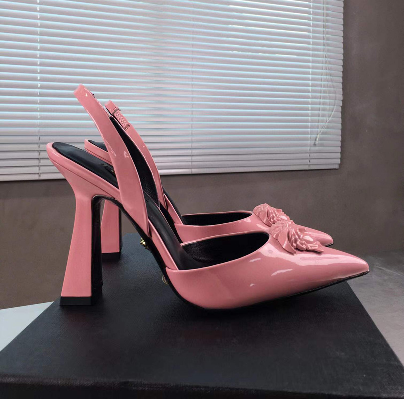 

Metal Medusa decorative dress shoes patent leather high-heeled sandals 110mm luxury High quality with real leather soles women's shoe, Red