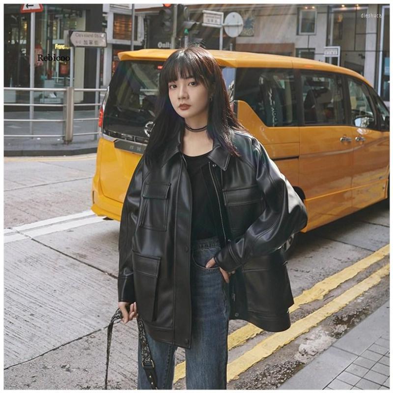 

Women' Leather & Faux Spring Autumn 2022 Chic Four Big Pockets Oversized Design MotoBike BF Vintage Retro Women Female Pu JacketWomen, Black