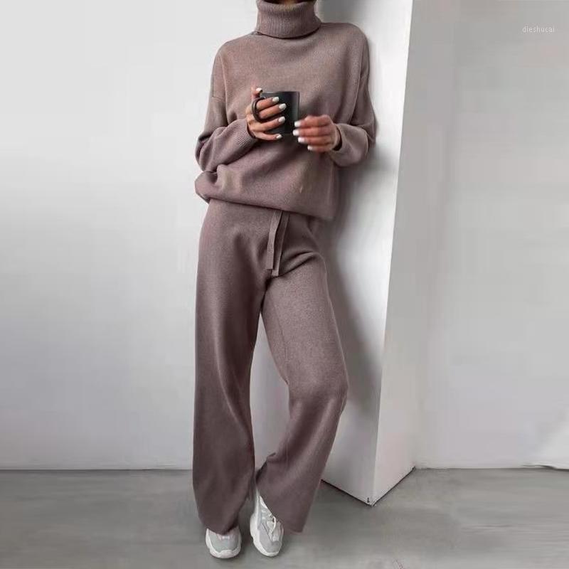 

Women' Two Piece Pants Autumn Winter Solid Lady Home Suit Fashion Soft Women 2 Set Casual Turtleneck Pullover Tops Knitted Outfits Homewear, 01 gray