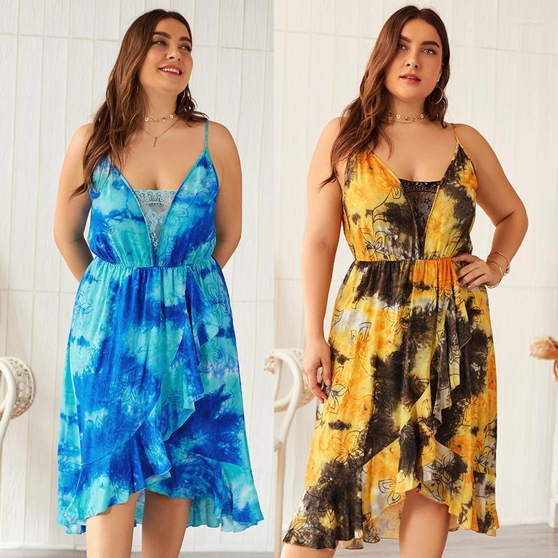 

Plus Size Dresses 2022 Summer Women Boho Beach Dress Floral Print Sexy Lace Female Evening Party Suspender Big Jona22, Blue