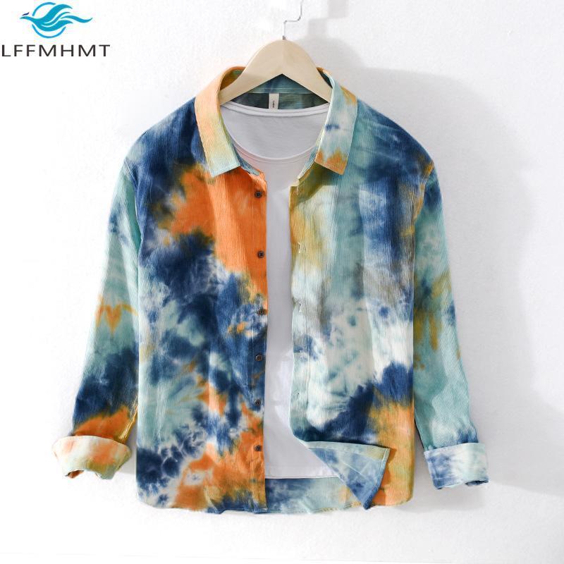 

Spring Fall Fashion Men Tie-Dye Vintage Corduroy Shirt Japan Style Harajuku Casual Cotton Long Sleeve Blouse Streetwear Top Male Men's, Purple