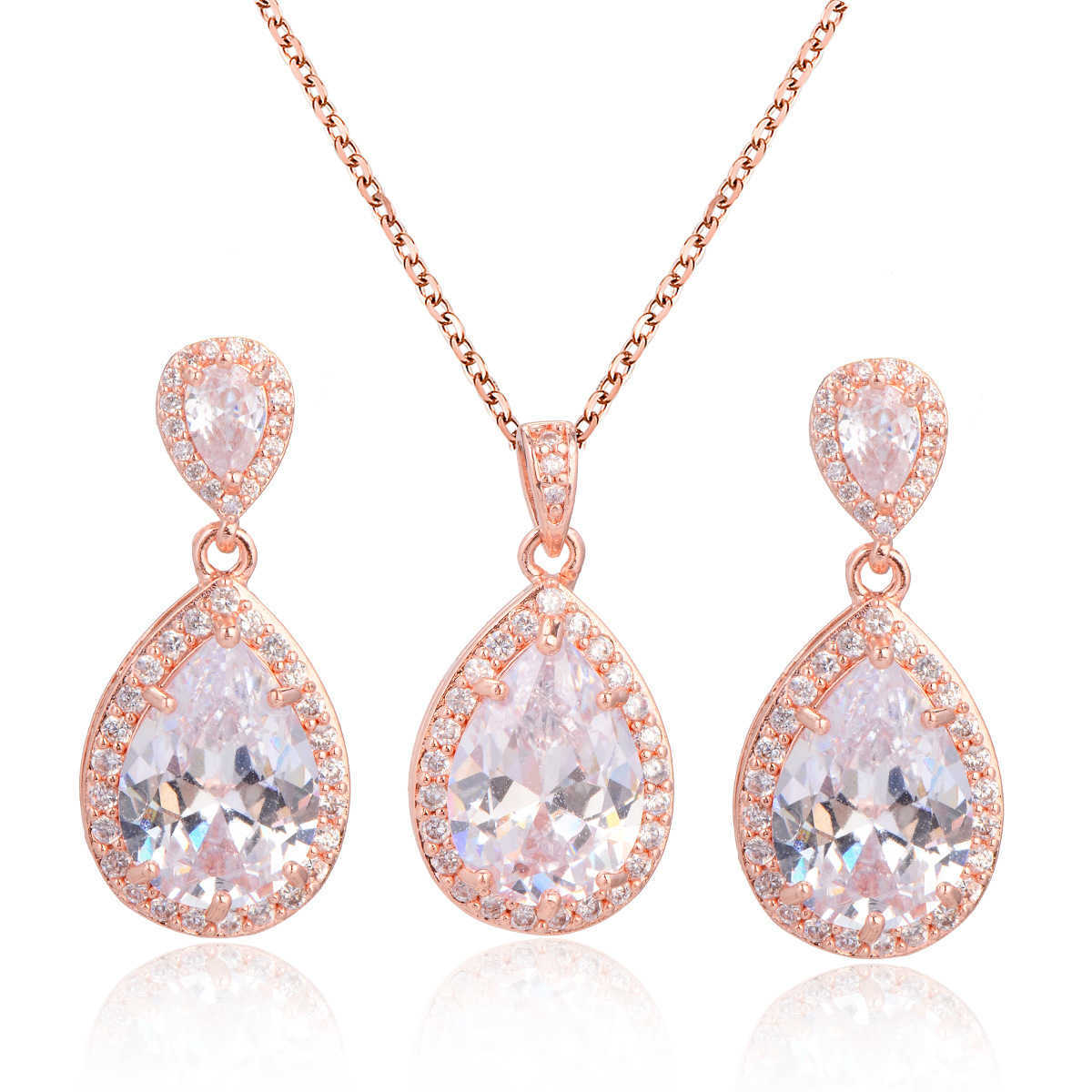 

Bright large zircon Water Drop Necklace Earrings Set Bridal Wedding Accessories temperament simple set