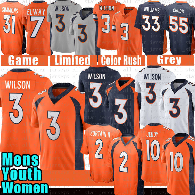 

3 Russell Wilson Football Jersey Mens 31 Justin Simmons Jerry Jeudy Pat Patrick Surtain II Javonte Williams Bradley Chubb Peyton Manning John Elway Noah Fant Sutton, Mens jersey(heib)