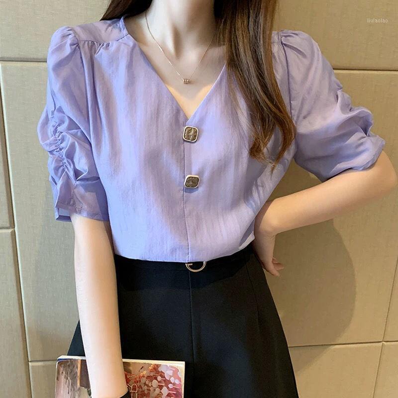 

Women' Blouses & Shirts Blouse Women Summer Loose Short Sleeves Chiffon Shirt V-neck Puff Sleeve Top Blusas Mujer De Moda, White
