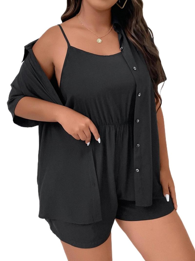 

Plus Size Dresses Button Through Shirt & Cami Romper 966d#Plus, Black