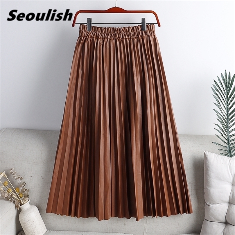 

Seoulish Autumn Winter Faux PU Leather Pleated Skirts Solid High Waist All-match Elegant Umbrella Midi Skirt Female 220401, Apricot